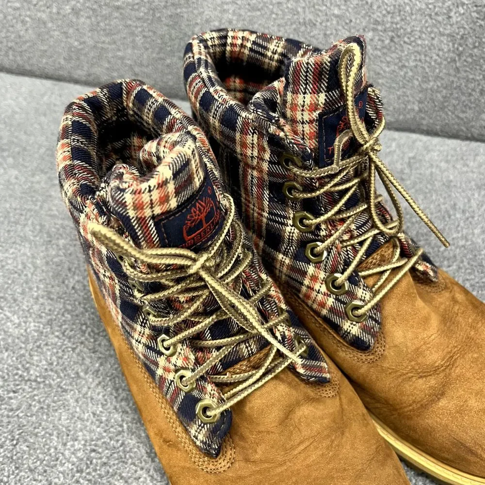 Timberland Boots Boys 6 Brown Plaid Leather Shoes Hiking‎ Outdoors Youth 43942M